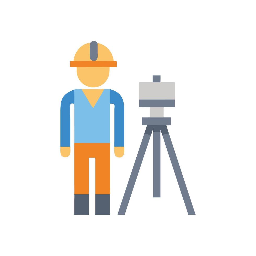 Construction worker surveying with total station icon vector