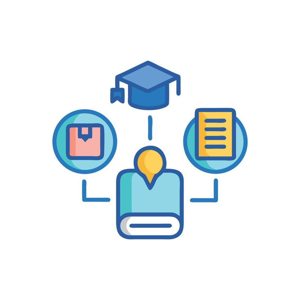 Conceptual graphic of education and knowledge resources centered around student vector