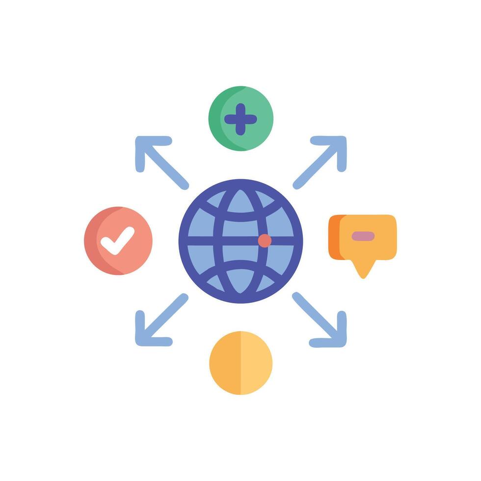 Global network and communication with symbols in flat design vector