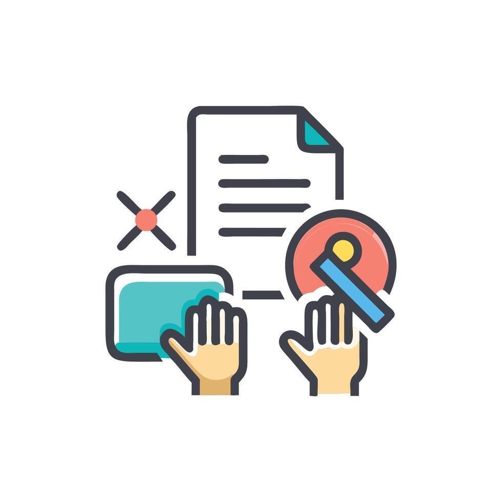 Hands interacting with document and screen, colorful icon design vector