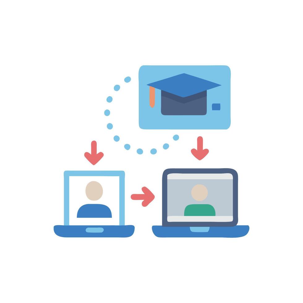 Online learning concept featuring graduation cap laptops and arrows vector