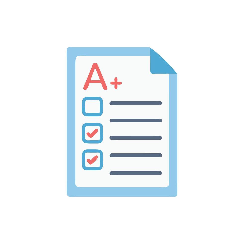 Iconic A plus grade on paper exam, checklist vector