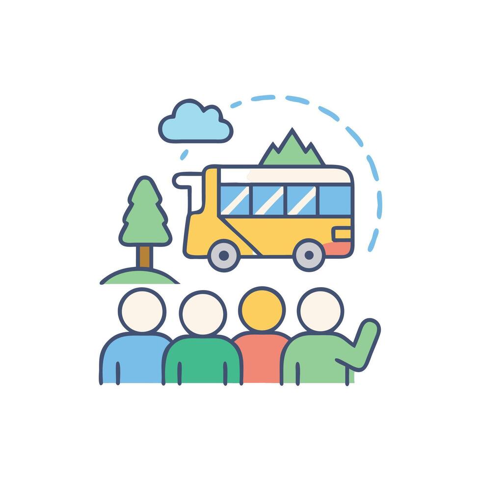 Group excursion by bus into the mountain scenery vector