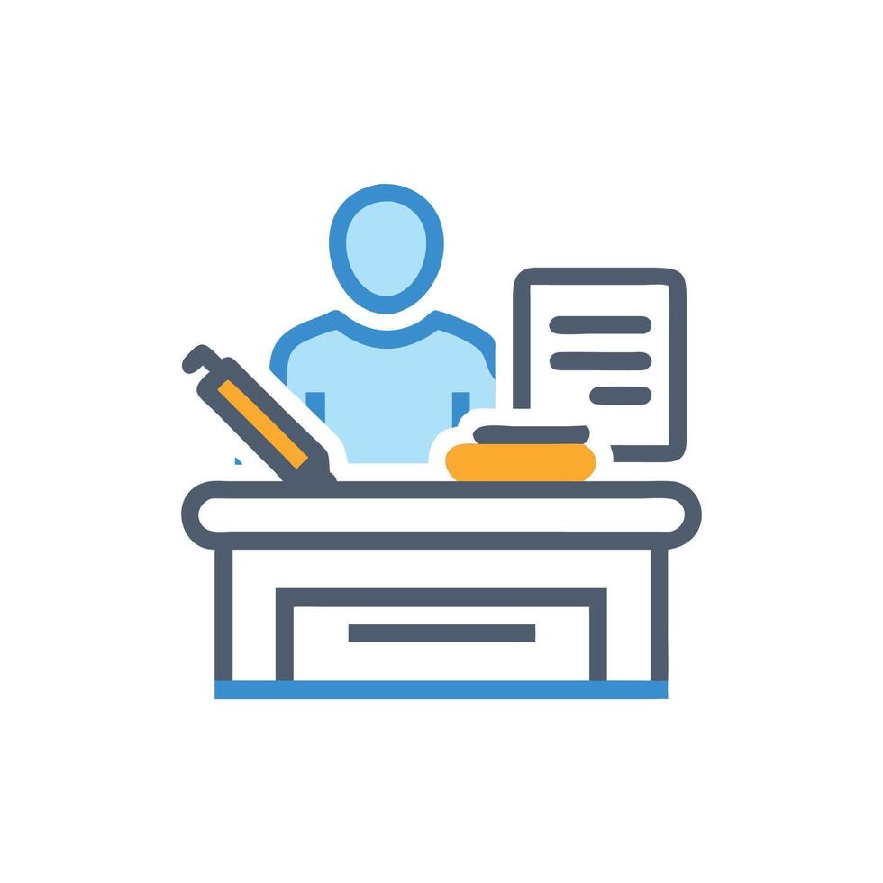 Simple illustration of person at desk with work items vector