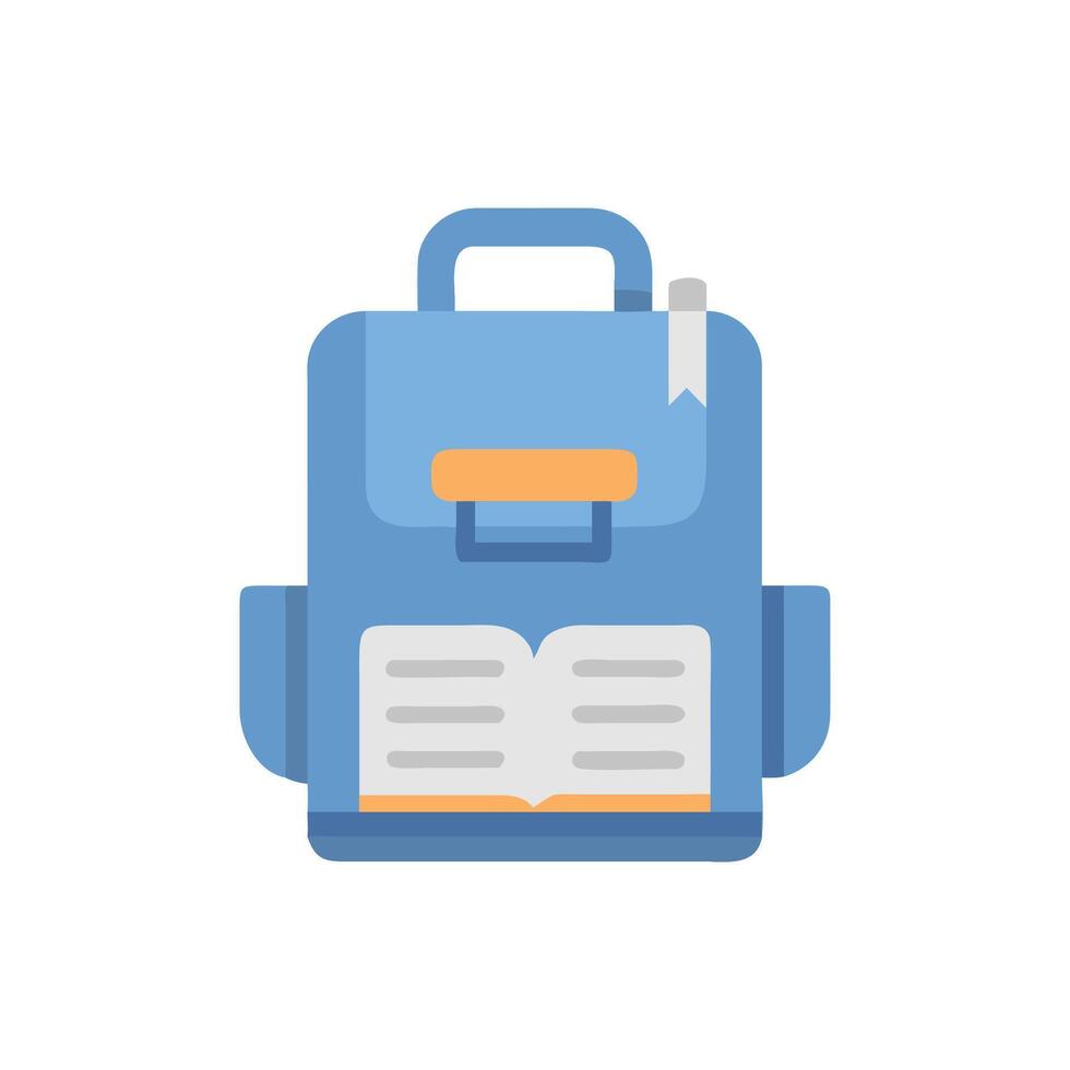 Blue school backpack with book, flat design illustration vector