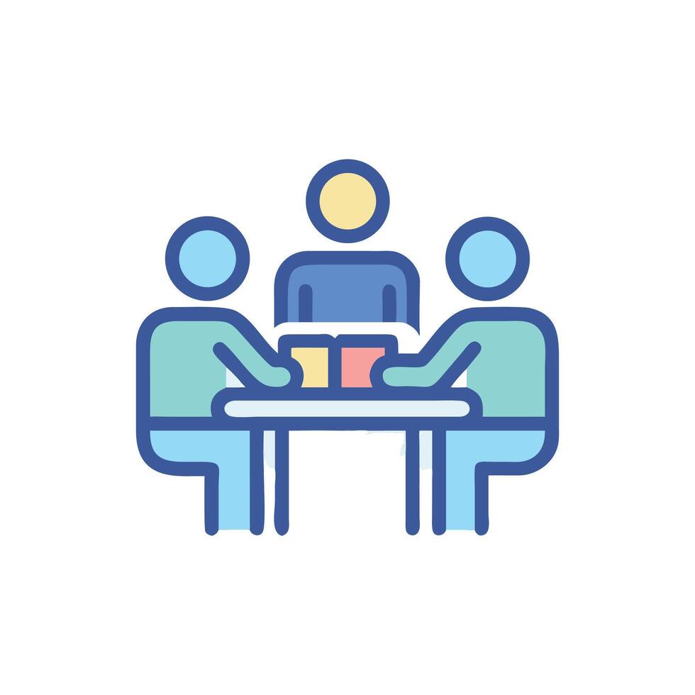 Three people at a table having a meeting vector