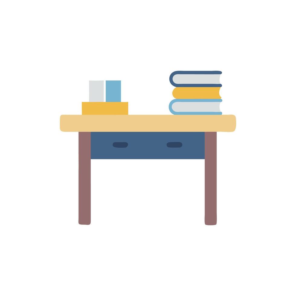 Flat illustration of desk with books and boxes isolated vector