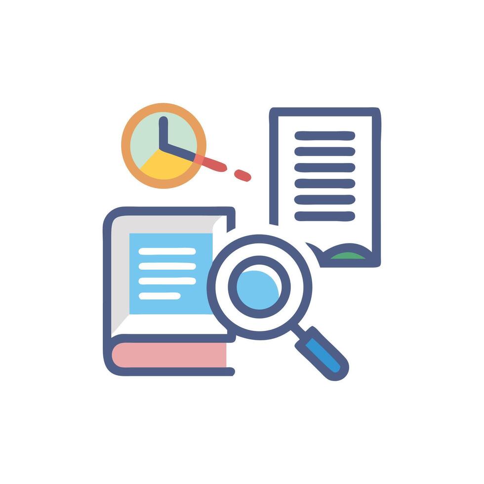 Analyzing data with a magnifying glass, book and charts vector