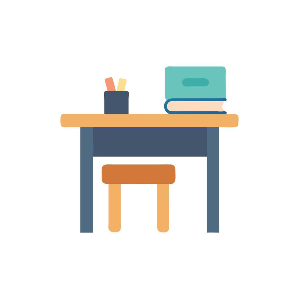 Stylized desk with books and stool in flat vector