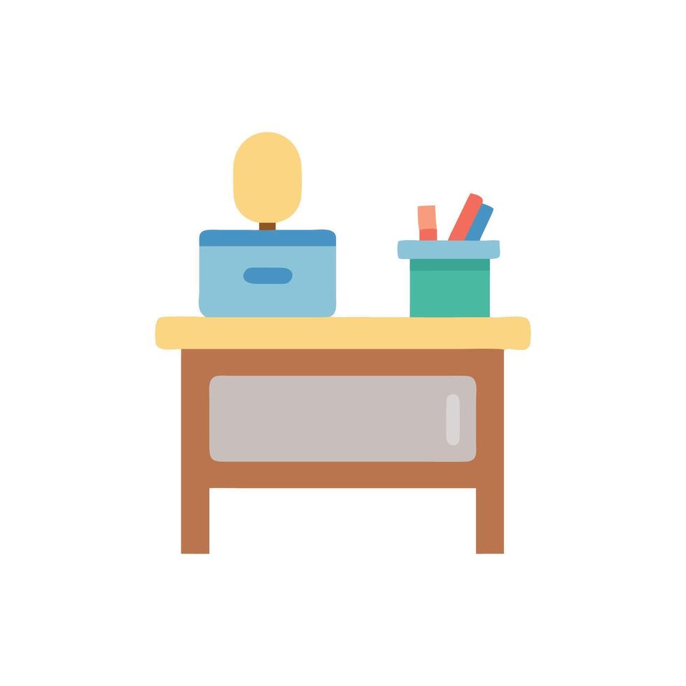 Minimalist illustration of office worker at desk with stationary vector