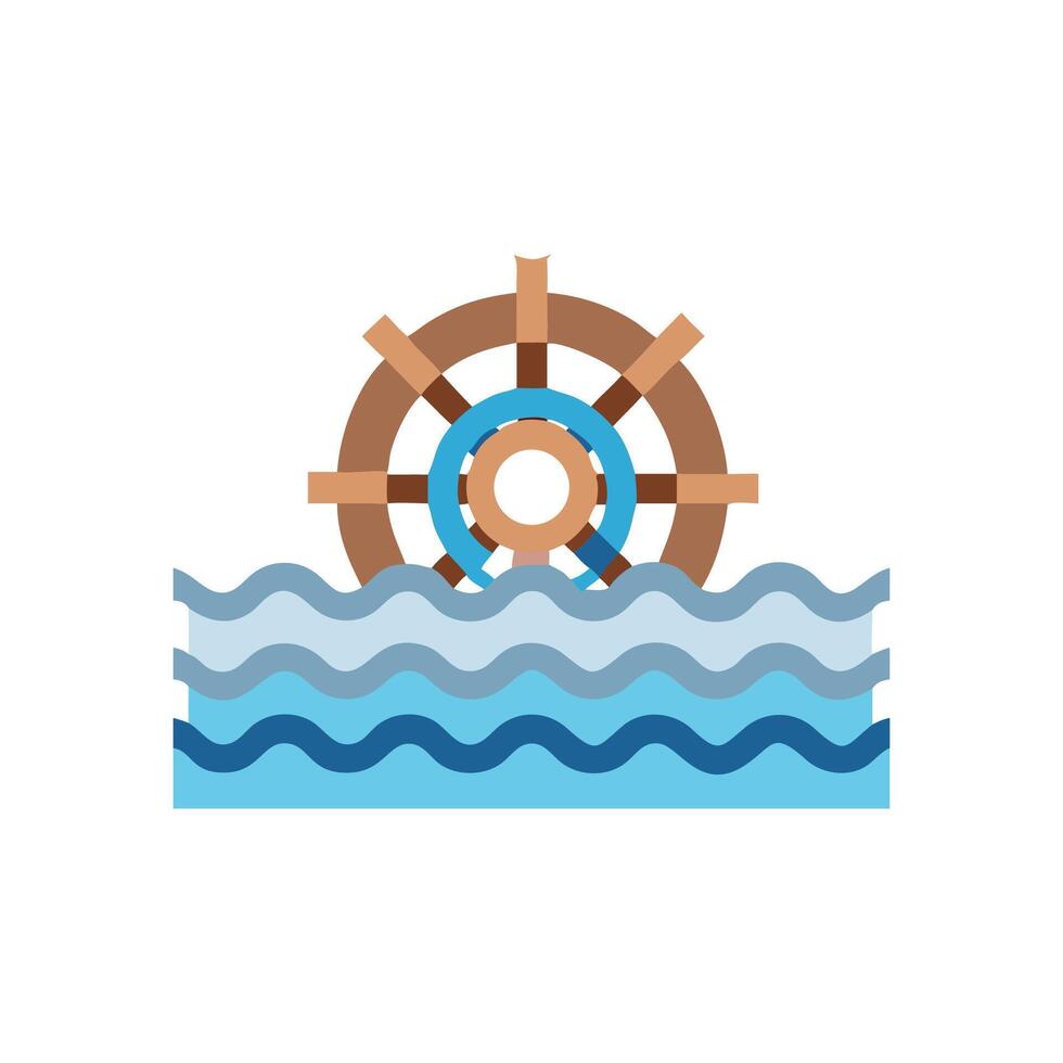 Flat style water wheel illustration on wavy water surface vector