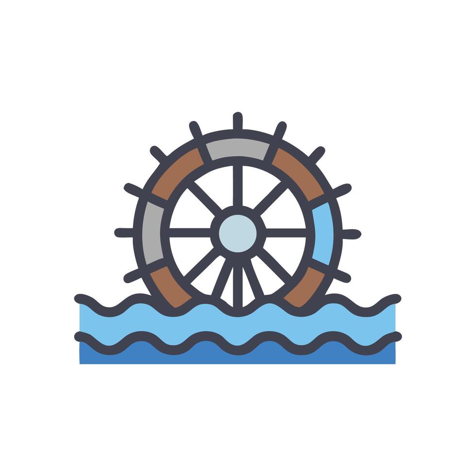 Flat illustration of a water wheel over wavy water vector