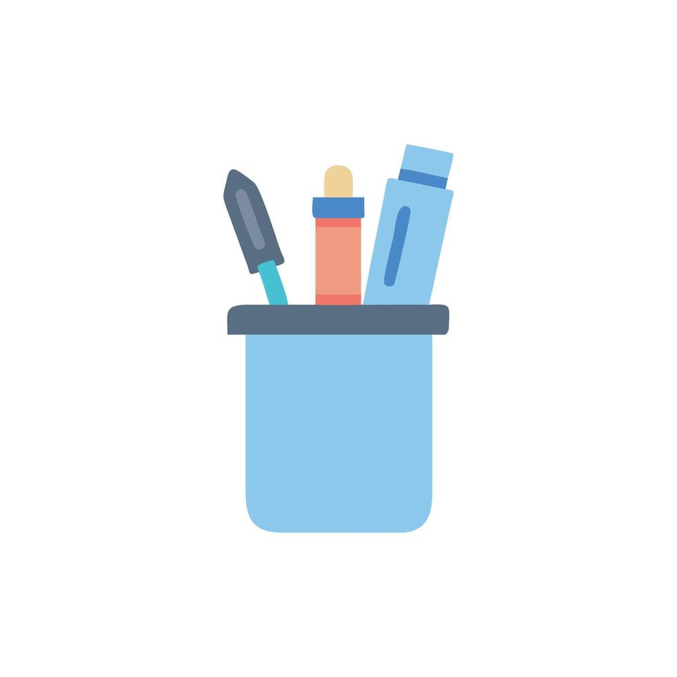 Minimalist illustration of writing utensils in a light blue holder vector
