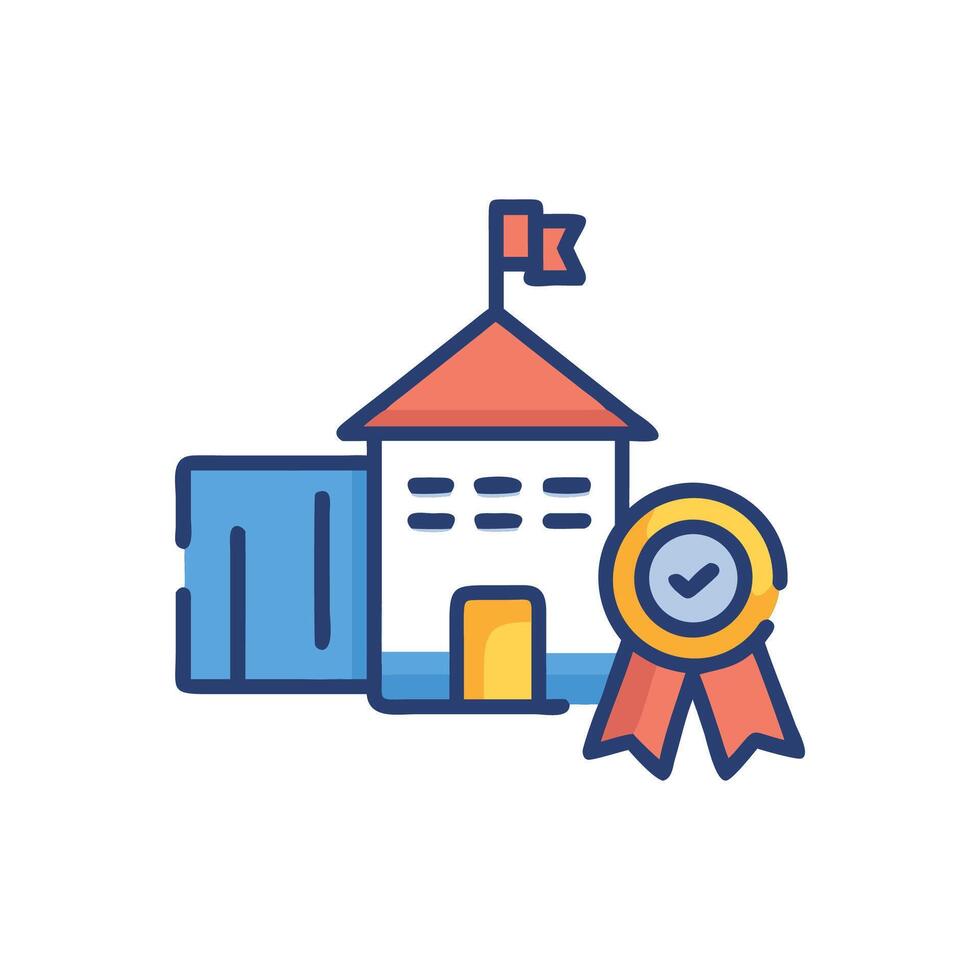 Educational building with achievement ribbon, illustration icon vector