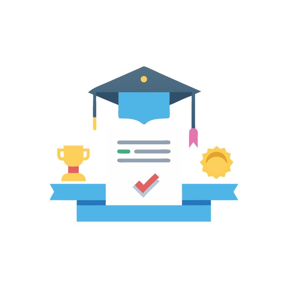 Educational Achievement Flat Icon Displaying Certificate, Hat, and Award vector