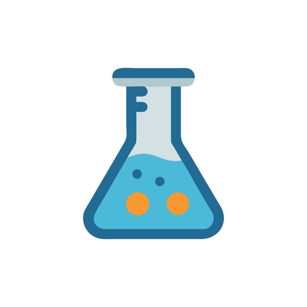 Stylized lab flask with chemical liquid and round substances vector
