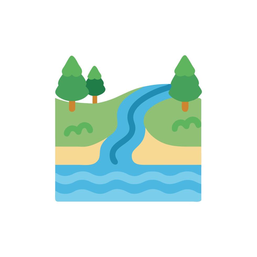 Stylized waterfall scene with trees in flat illustration vector