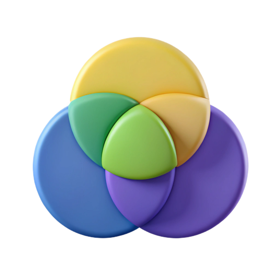 extraordinary reflective futuristic Three overlapping circles forming a Venn diagram. Clean lines, flat color, symmetrical with Scalable Design. luxury png