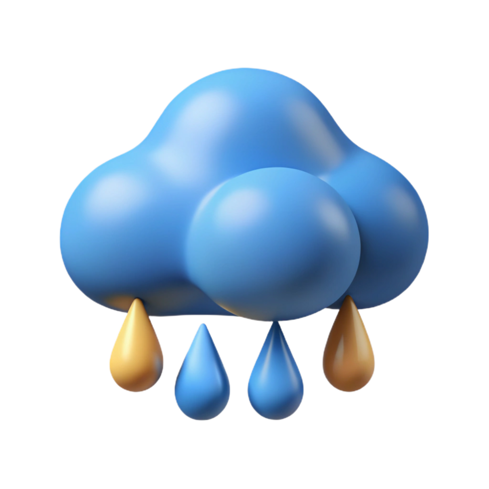 breathtaking tranquil artistic Raincloud with rounded base and three raindrops. Flat color, scalable, minimal design with Scalable Design. expertly shot png