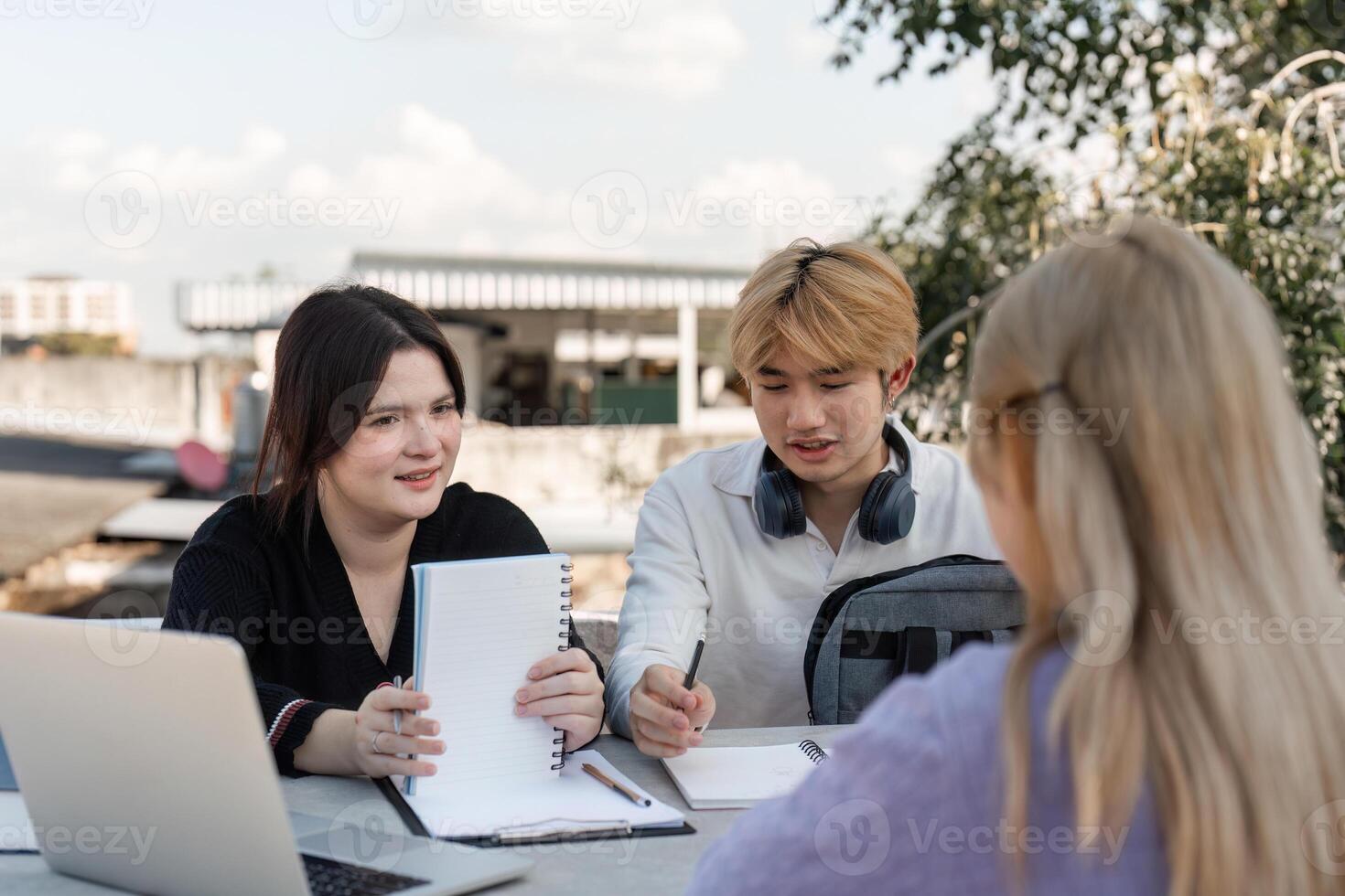 Diverse Group of Young Students Collaborating and Studying Together Outdoors with Laptops and Notebooks in a Modern Educational Setting photo