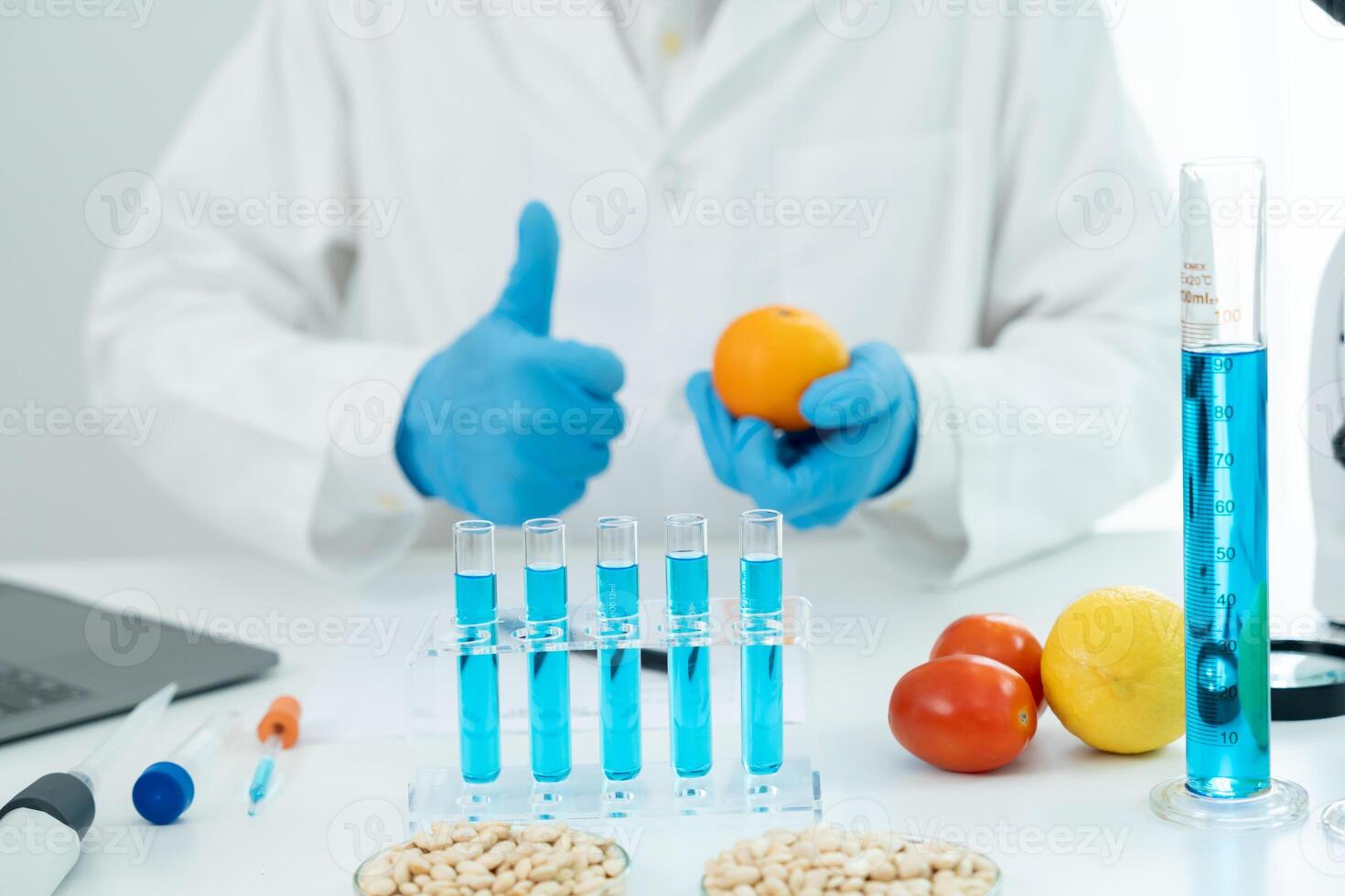 Scientist guaranteer no chemical on fruit residues in laboratory. Control experts inspect the concentration of chemical residues, standard, find prohibited substances, contaminate photo