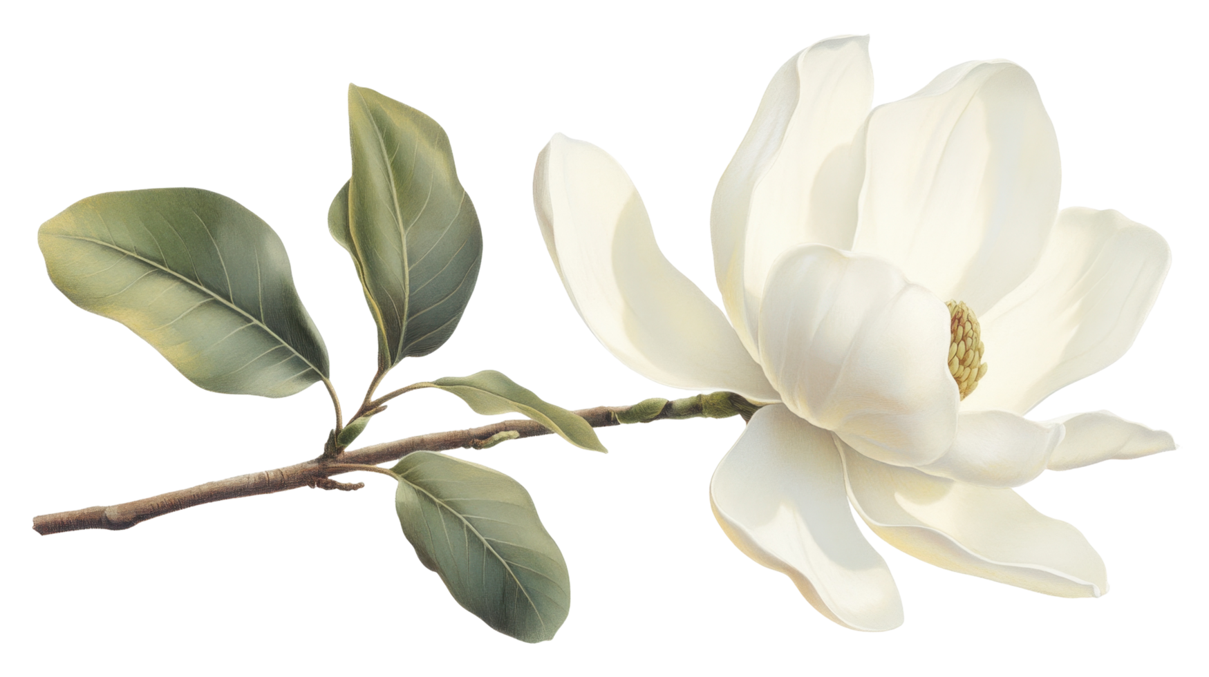 Close-up view of a magnolia blossom and leaves. png