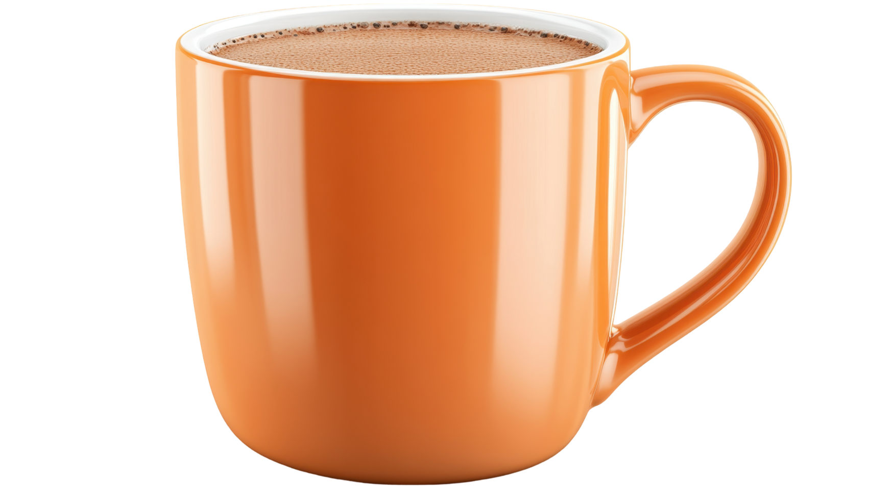 Full shot of an orange mug filled with a beverage. png