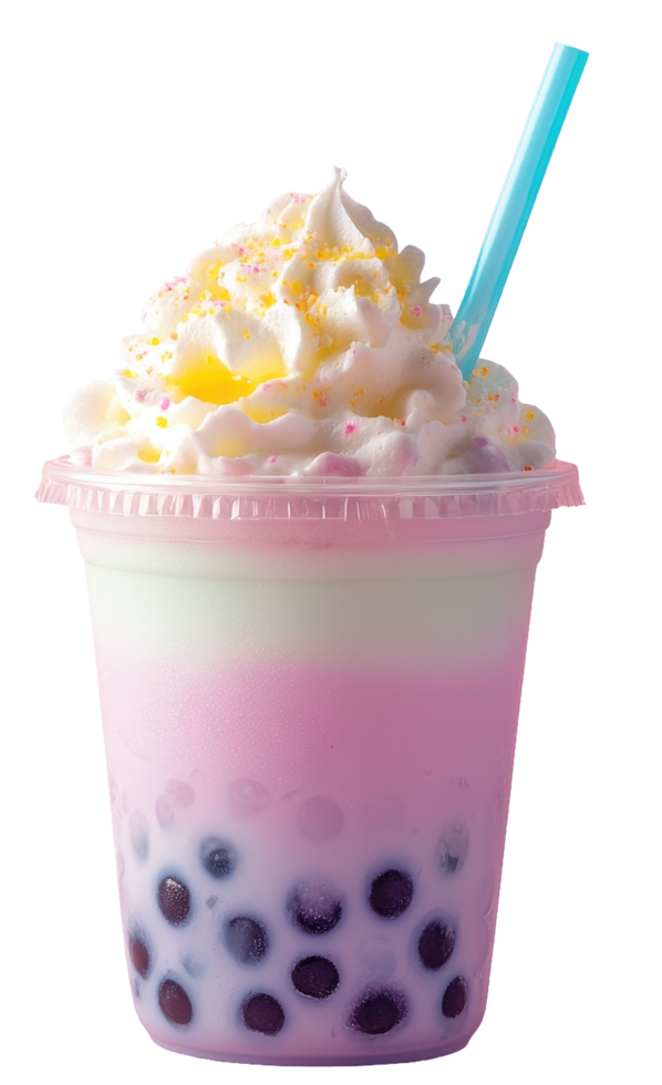 Pink and white dessert beverage with colorful boba. png