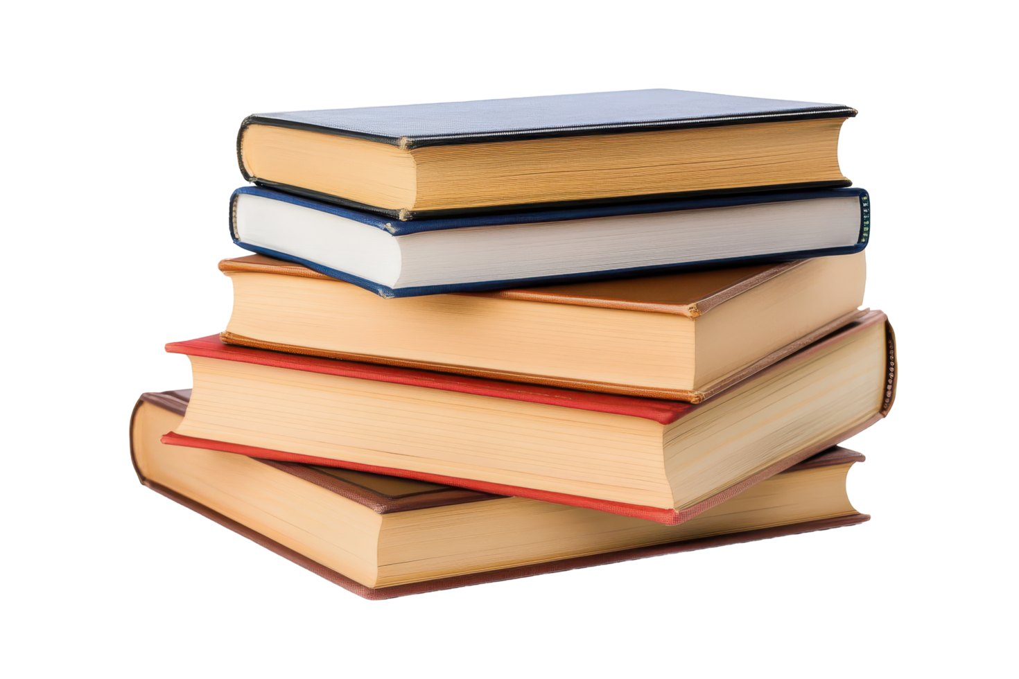 Stack of various colored hardback books on a white background. png