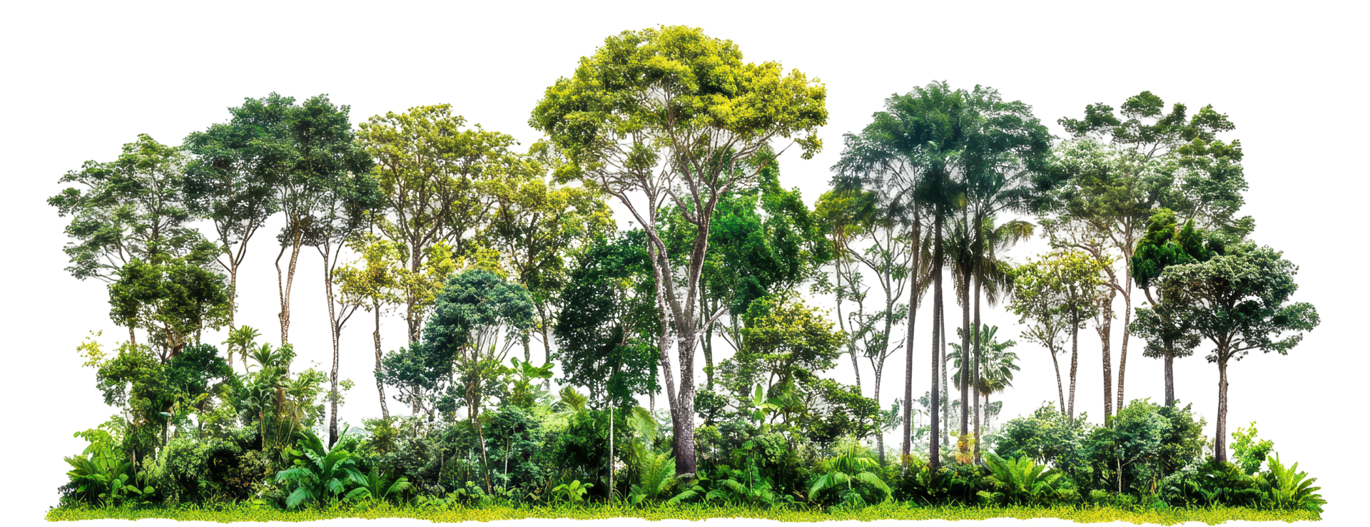 Lush tropical forest scene with diverse trees. png