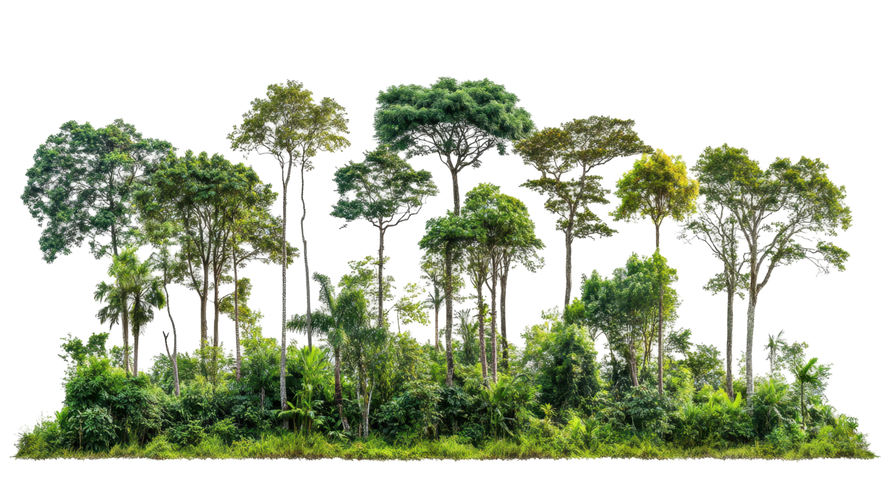 Lush tropical forest edge with tall trees and foliage. png