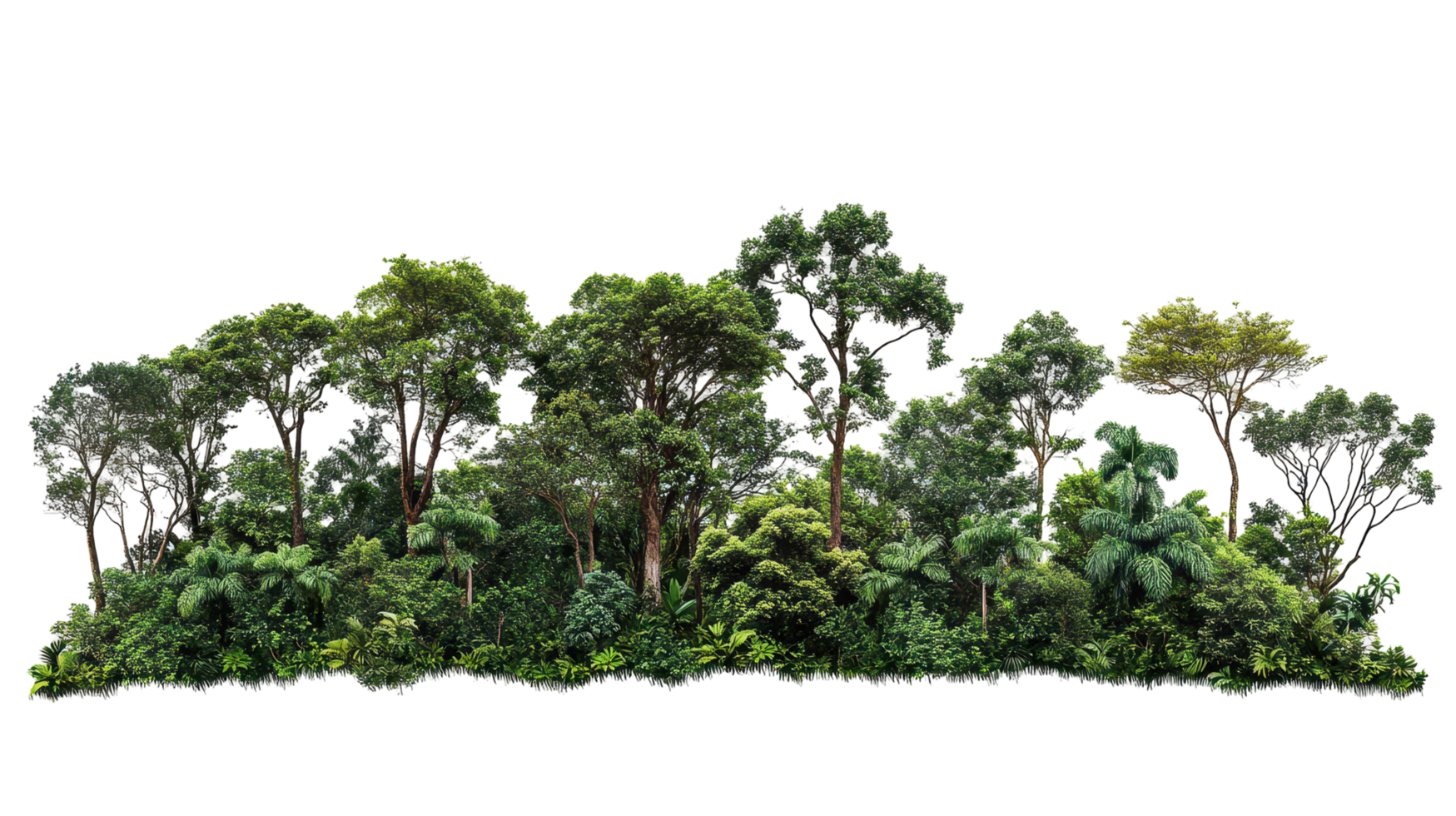 Lush tropical foliage and trees in a dense forest border. png