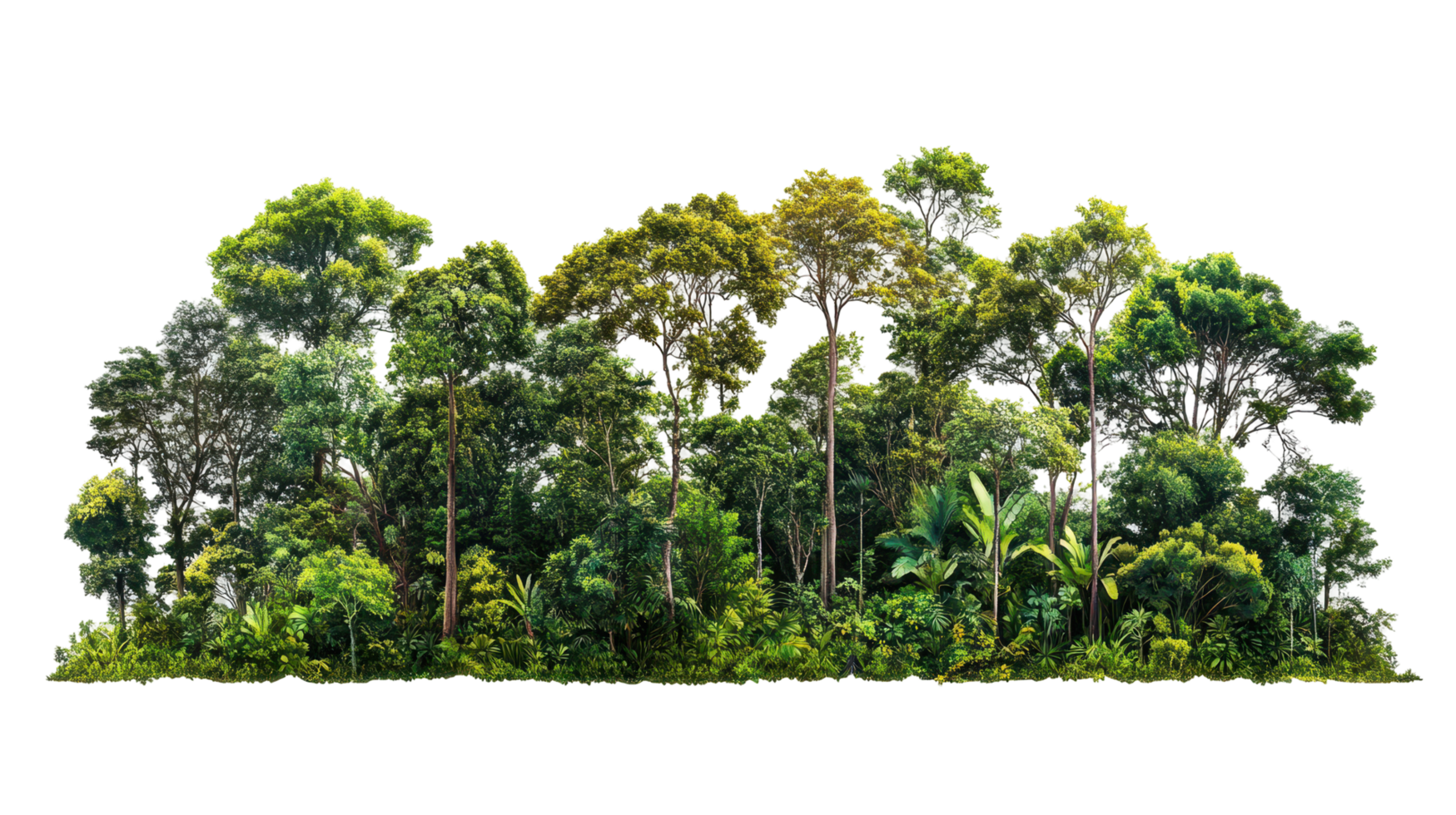 Lush tropical forest scene, dense foliage, and towering trees. png