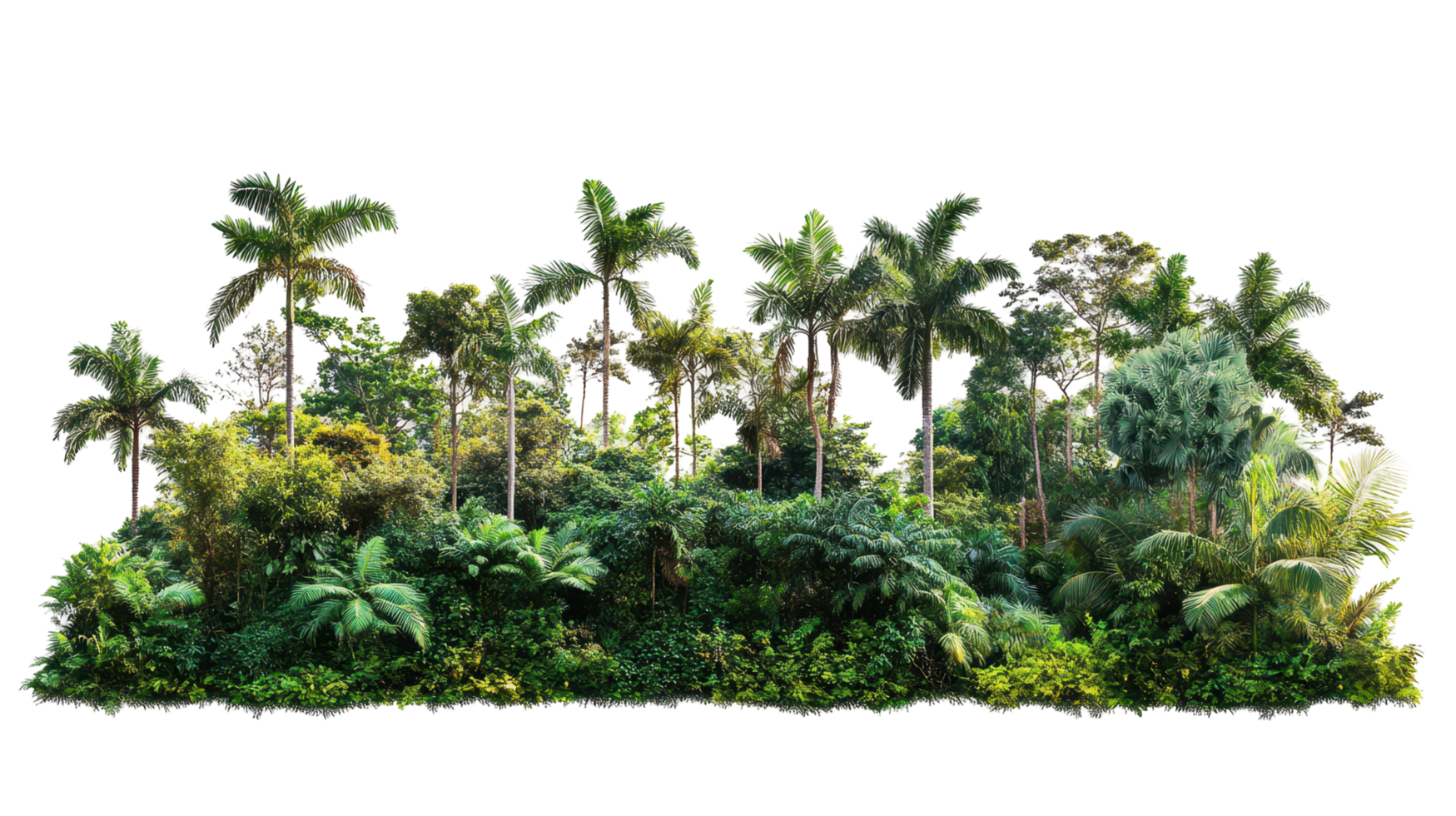 Lush tropical foliage and trees in a dense jungle. png