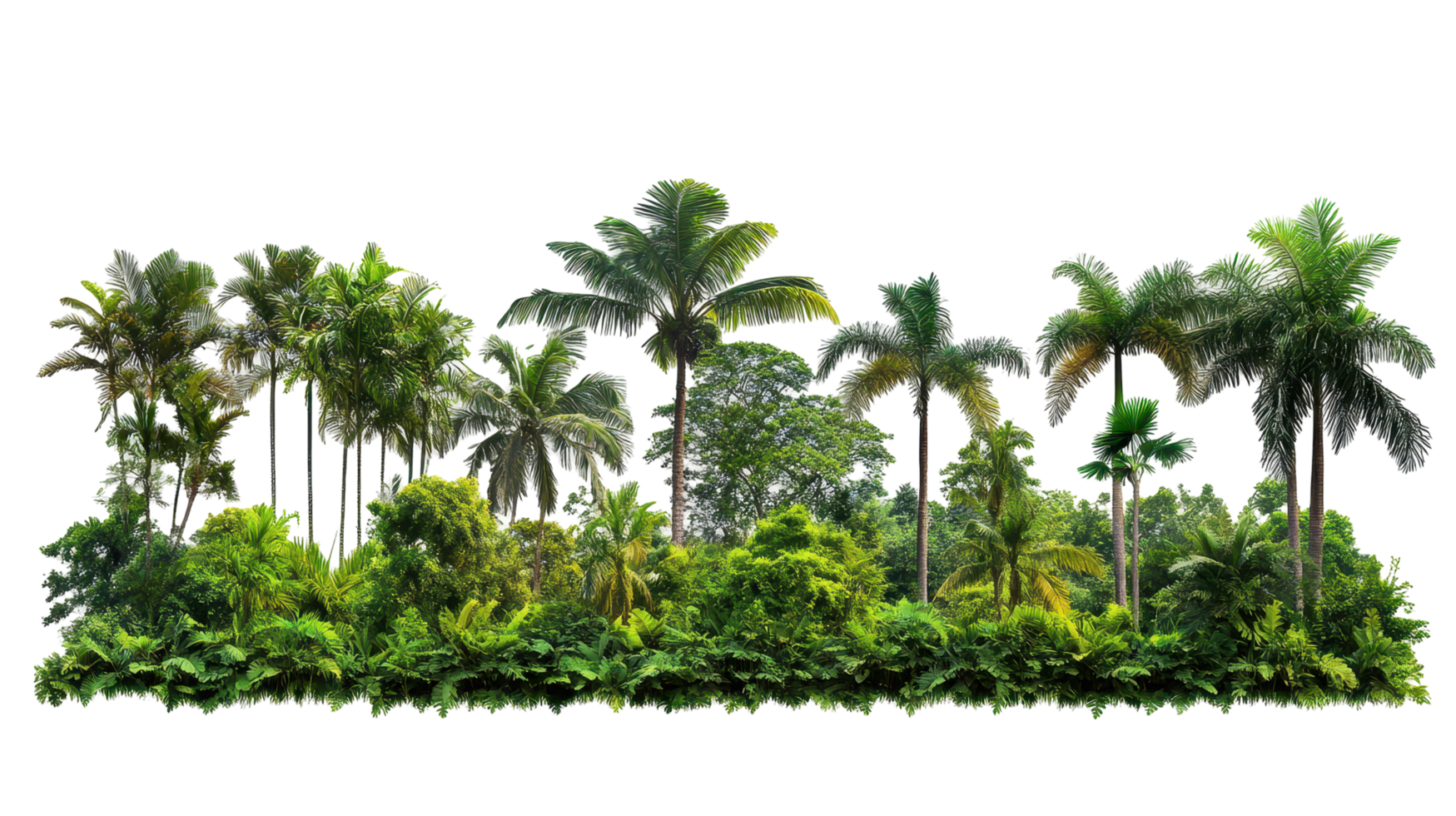 Lush tropical foliage and trees in a dense landscape. png