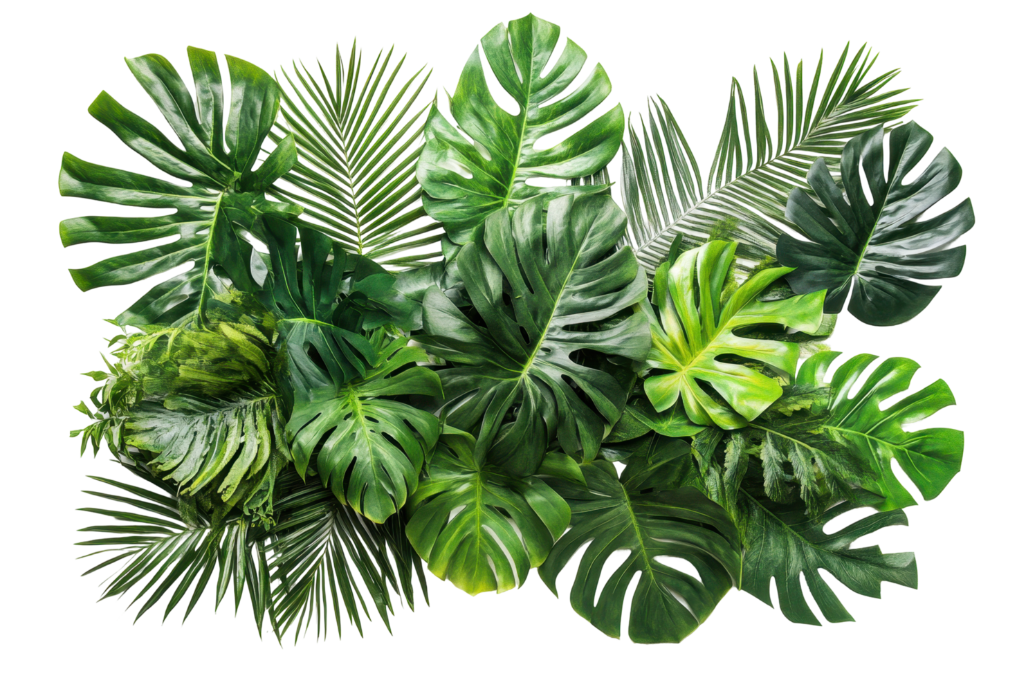 Lush tropical foliage arrangement with vibrant green leaves. png