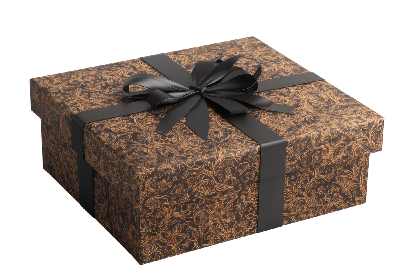 Ornate gift box with elegant black ribbon. png