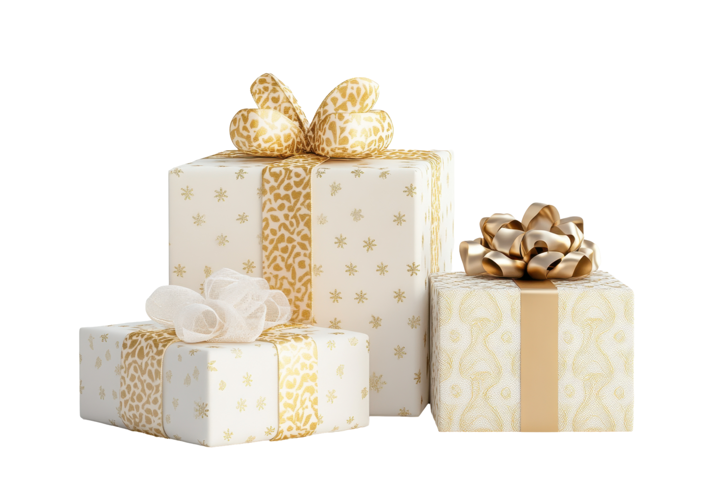 Three gift boxes with elegant gold ribbons and bows. png
