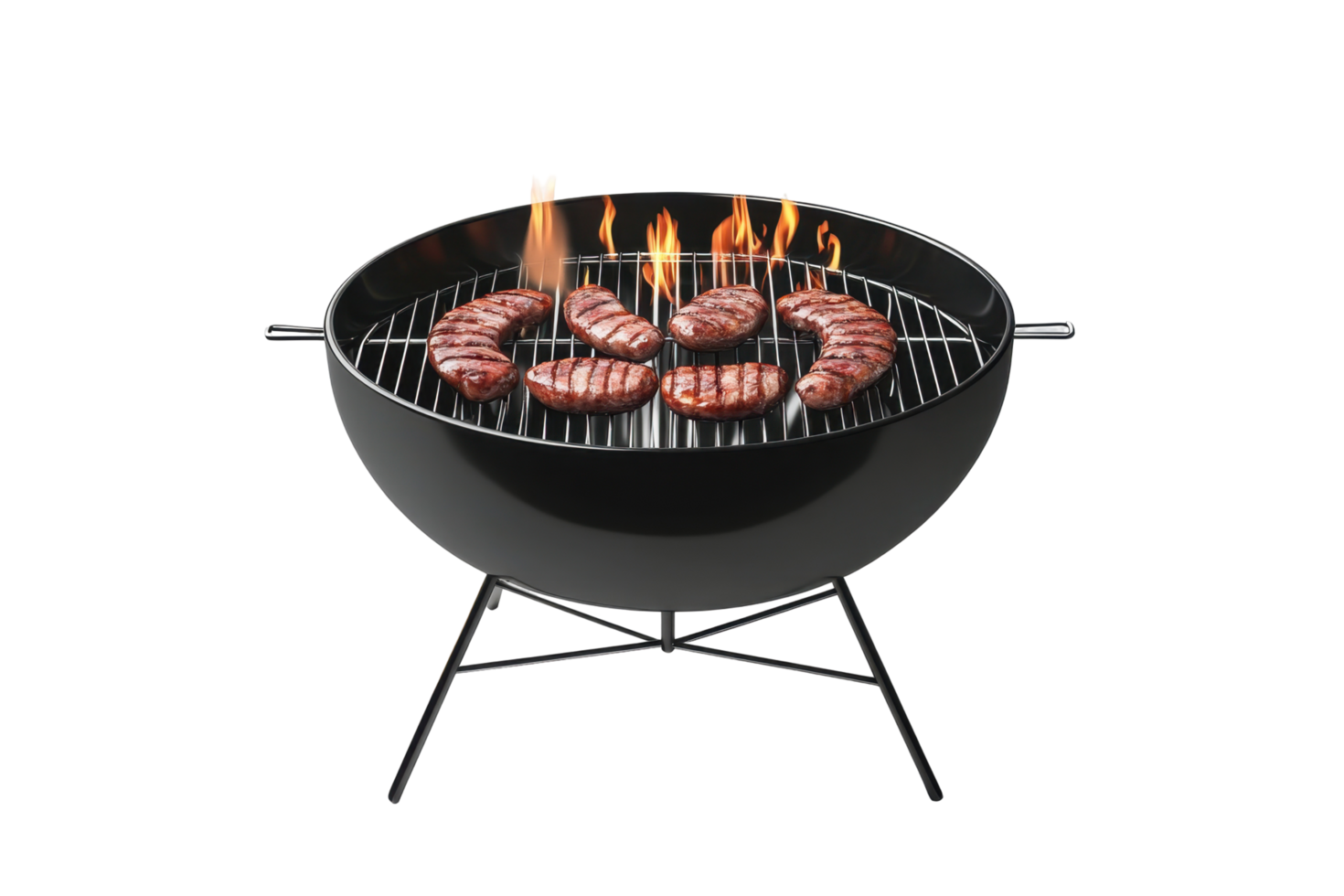 Grilled sausages cooking on a round barbecue grill. png
