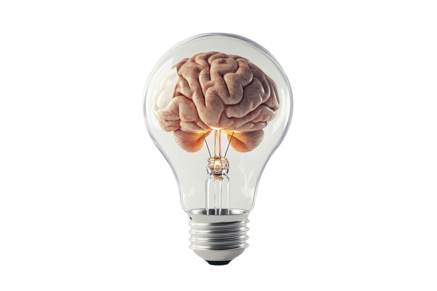 Transparent lightbulb housing a luminous human brain. png