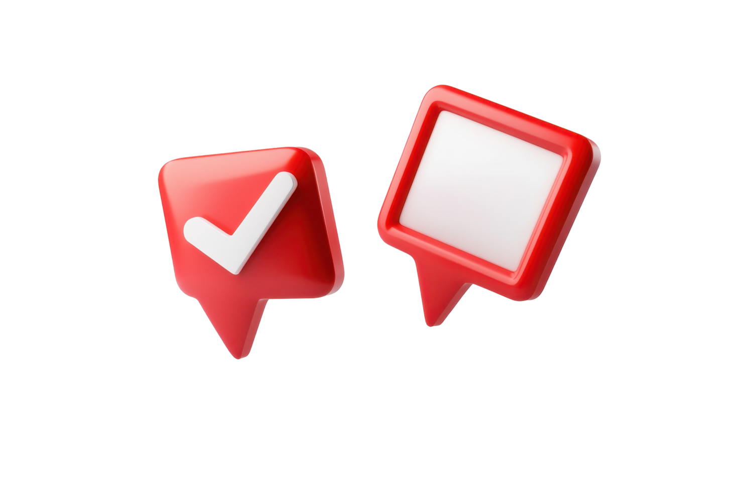 Two three-dimensional red markers with white checkmarks. png