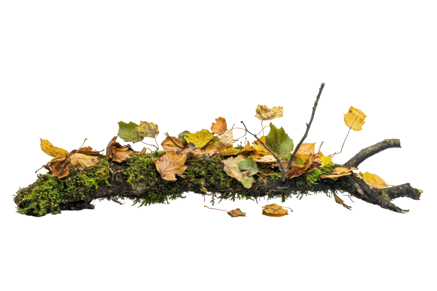 Fallen leaves and moss on a log, nature's autumnal display. png