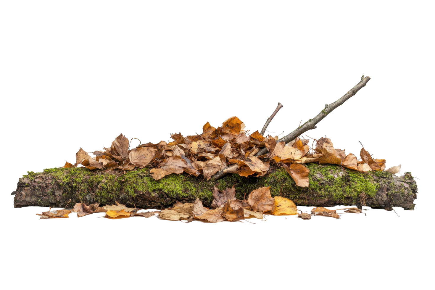 Fallen leaves and twigs resting on a mossy log. png