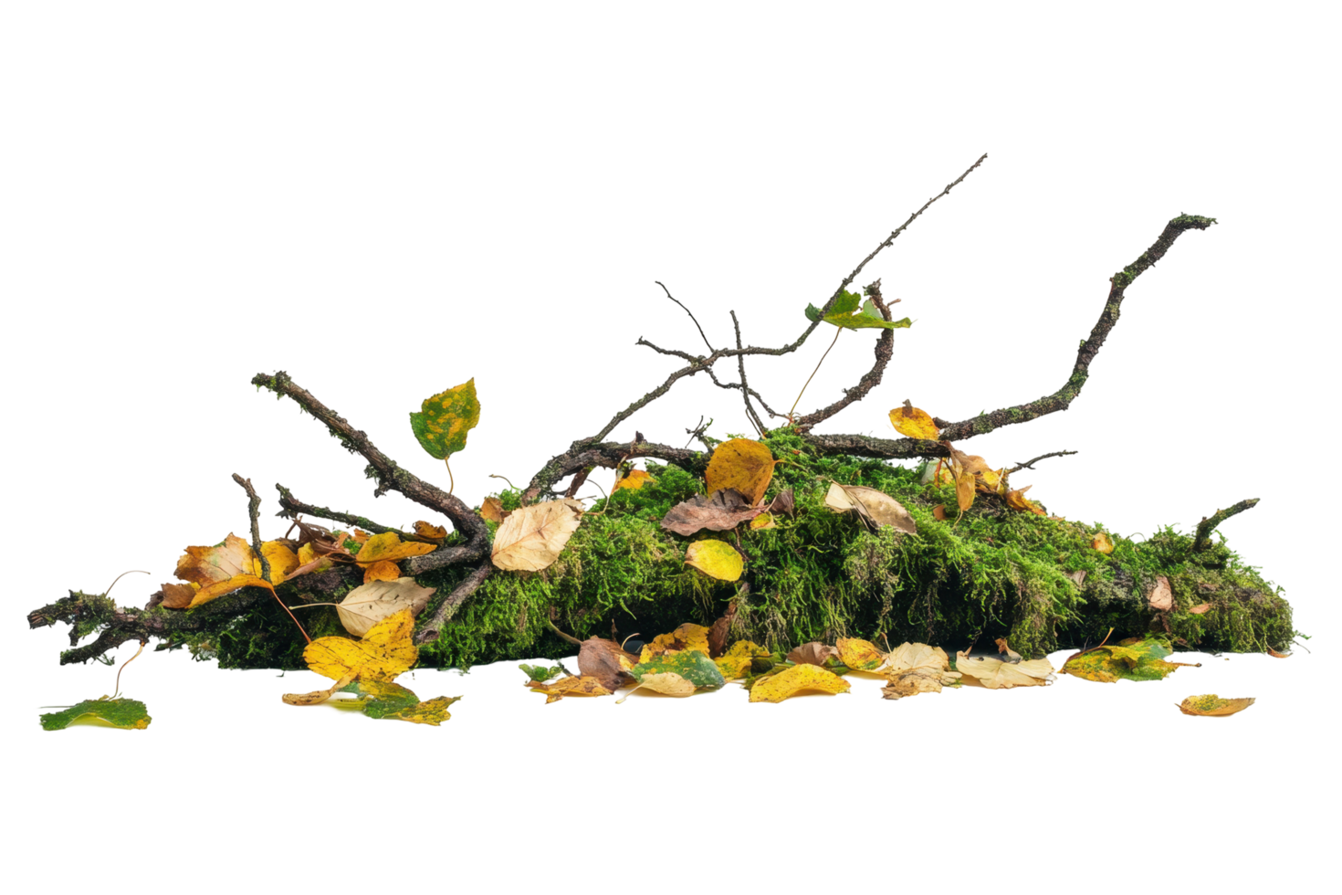 Autumnal debris heap with fallen leaves and branches. png