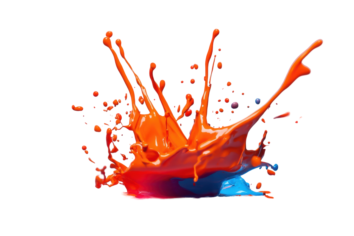 Vibrant, dynamic splash of orange and blue liquid against a multicolored abstract background. png