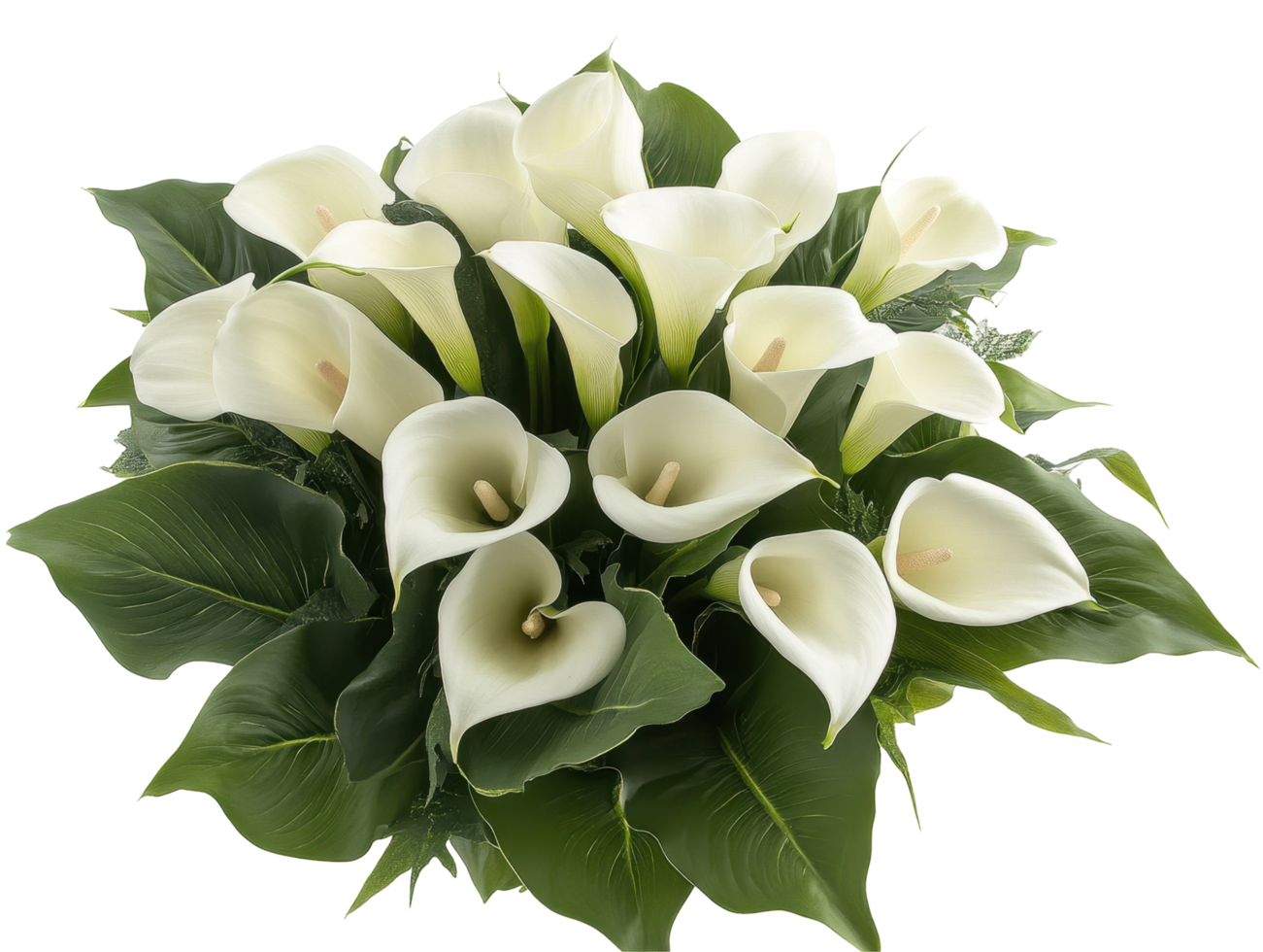 Elegant bouquet of white calla lilies with lush foliage. png