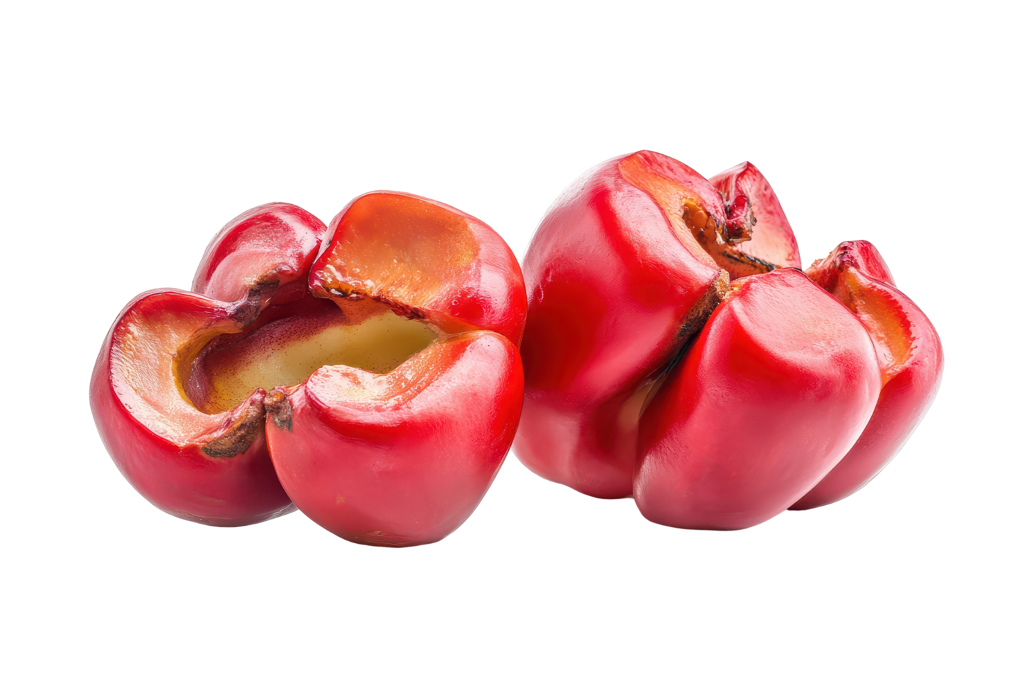 Two halved, vibrant red peppers, close-up view, displaying internal details. png