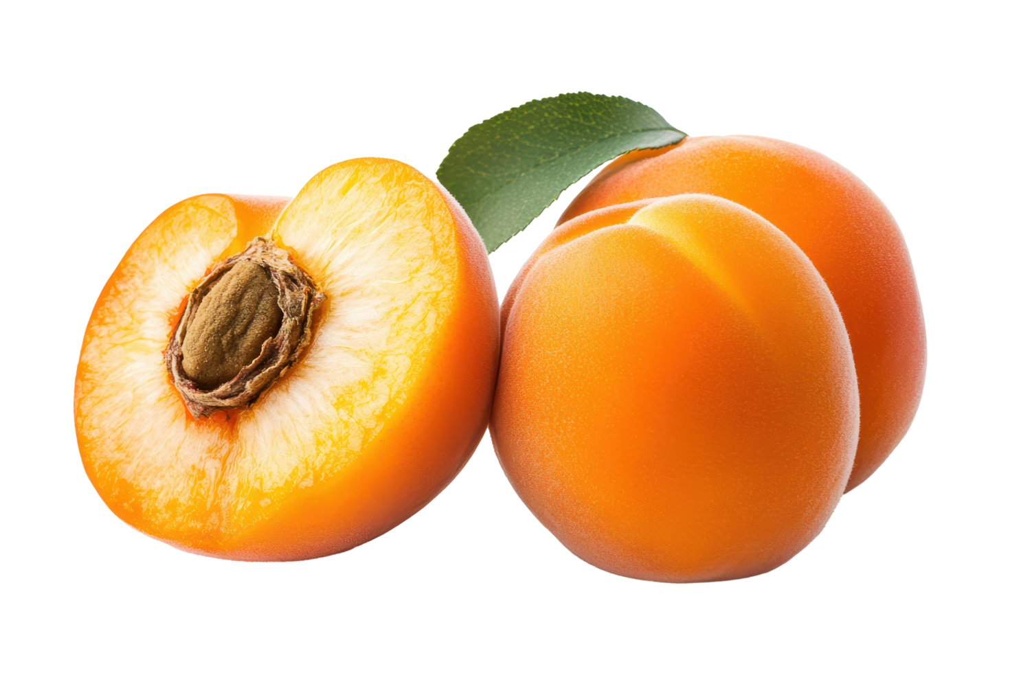 Close-up view of two halves of a ripe apricot. png