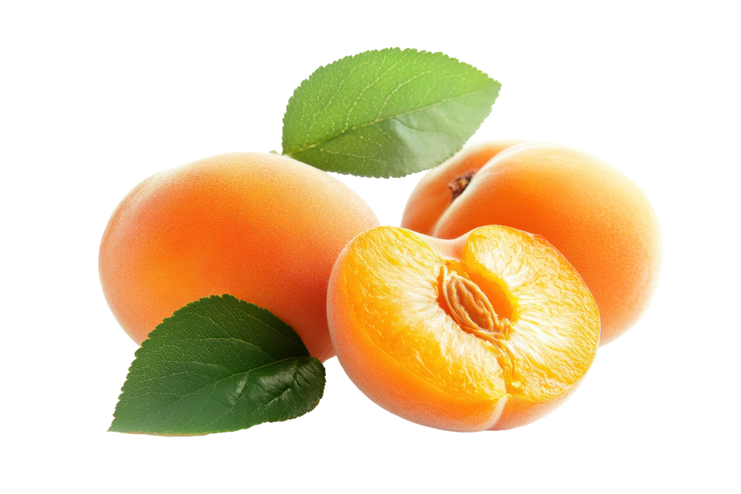 Fresh apricots with leaves and a cut section displayed. png