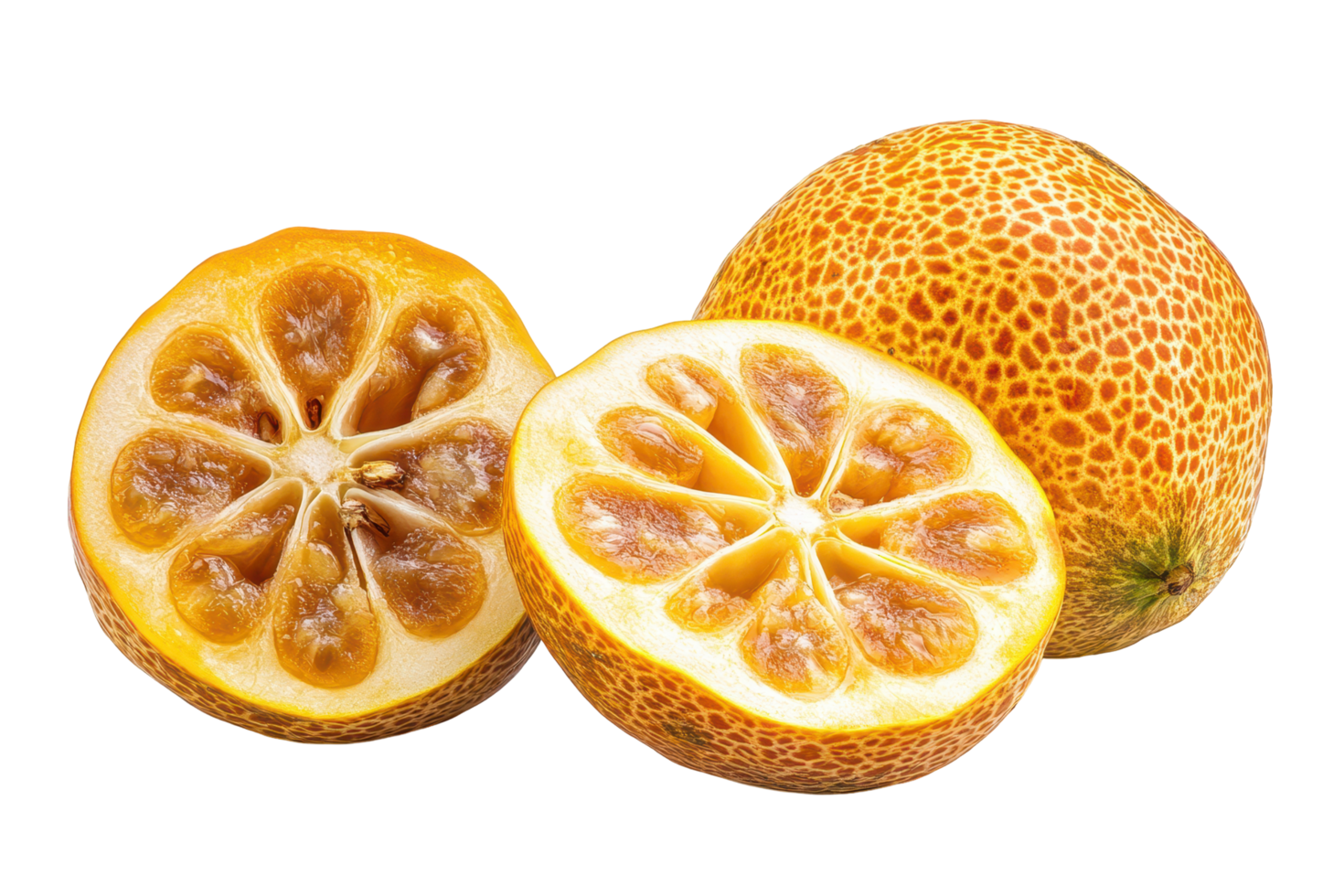 Close-up view of cut and whole citrus fruit. png